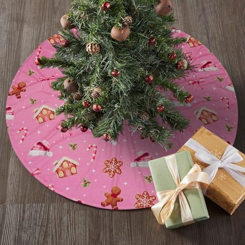 48 Inch Christmas Tree Skirt Mat Short Plush Pink Xmas Tree Skirts for Indoor Outdoor Christmas Tree Decoration(Pink Xmas Elements) - Image 3