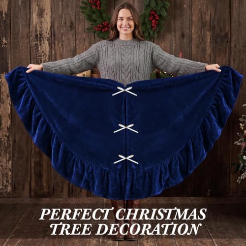 72 Inches Velvet Christmas Tree Skirt Decorations Blue Luxury Xmas Fur Plush Skirts for Merry Christmas Party Rustic Vintage Holiday Home Winter - Image 6