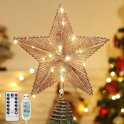 Lewondr Lighted Christmas Star Tree Topper with Remote & Timer, Rose Gold by Lewondr