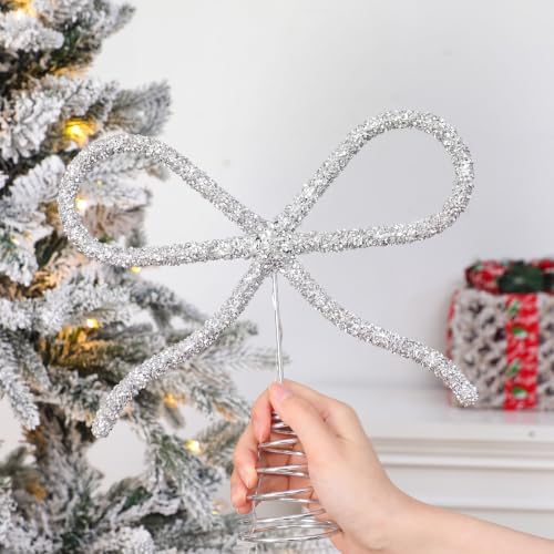 Retisee 9.8 Inch Bow Christmas Tree Topper LED Rhinestone Decor, Silver by Retisee