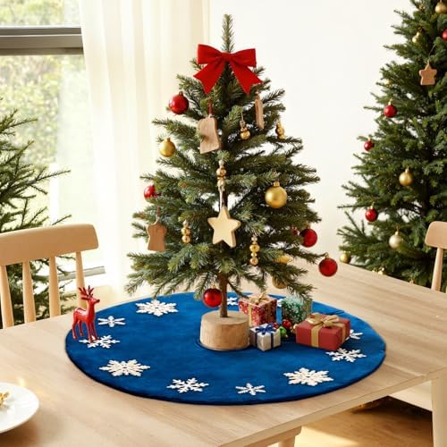 Lanpn Christmas Tree Skirt 16 inch, Velet Xmas Tree Skirt with Embroidery Snowflake Winter Christmas Tree Mat for Small mini Silm Pencil Tree Winter Holiday Indoor Xmas Decor (Blue, 40cm) - Image 2