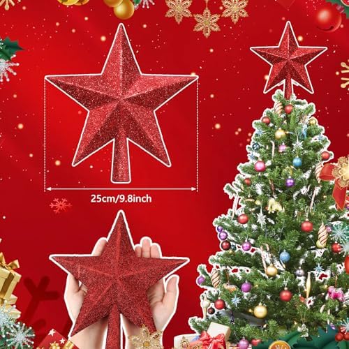 Hanaive Christmas Tree Topper Star Decoration,Red,9.84 Inch,Glitter - Image 2
