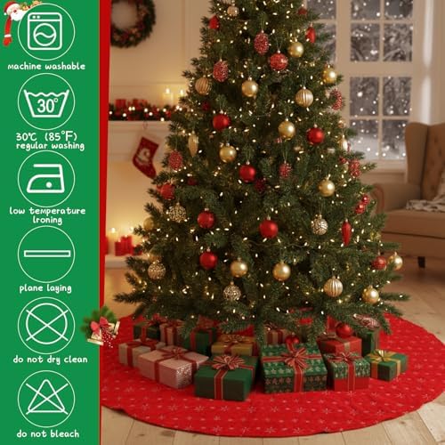 Libima 70 Inches Large Christmas Tree Skirt Faux Fur Red Xmas Tree Skirt Plush Velvet with Silver Sequins Snowflakes for Xmas Decorations Merry Christmas Party Winter Holiday Ornaments - Image 3