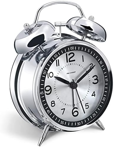 Peakeep Loud Alarm Clock for Heavy Sleepers Adults, Metal 4.5 Inches | Twin Bell Battery Operated Analog Alarm Clocks for Bedrooms Kids' Room Decoration (Metal Silver) by PEAKEEP