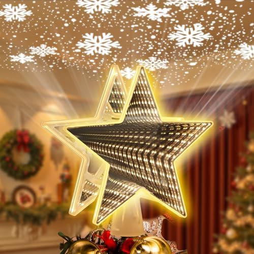 Infinity Mirror Tree Topper, Christmas Tree Topper Lighted Star with 6 Projection Modes, Dual-Side 3D Sparkling Star Treetop, UL Certified Xmas Treetop for Holiday Christmas Tree Decor (Warm White) by YCIND