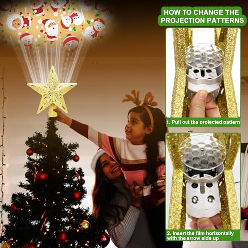 10" Christmas Tree Topper Projector with 6 Projection Modes, Built-in LED Rotating Light, 3D Glitter Dynamic Projector Light Up Tree Topper Star for Xmas Holiday Party Decorations Gifts (Gold) - Image 5