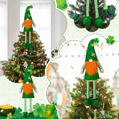 Soulchen 21 Inch Extra Large St. Patricks Day Tree Topper Leprechaun Gnome Tree Topper with Long Dangling Legs Oversized Irish Green Shamrock Sitting Treetop Decoration for Holiday Party Decor - Image 6