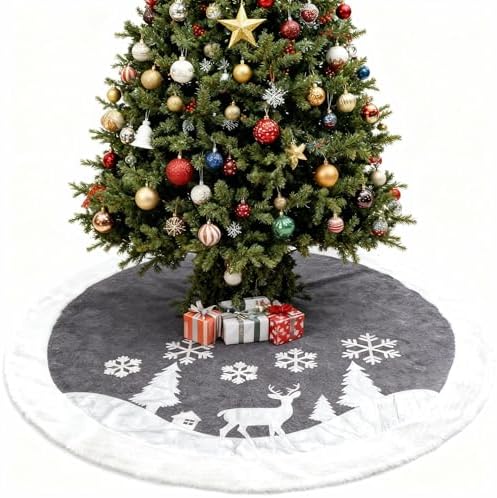 48 Inch Grey Velvet Christmas Tree Skirt – Rustic Holiday Tree Mat with White Elk, Snowflakes, House & Tree Print – Winter Indoor Decoration for Home & Party by GAFYMI