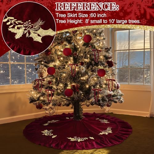 60 Inches Velvet Christmas Tree Skirt Wine Red with Gold Embroidered Holly Fur Plush Tree Skirt Luxury Xmas Skirts for Merry Christmas Party Vintage Holiday Decorations - Image 4