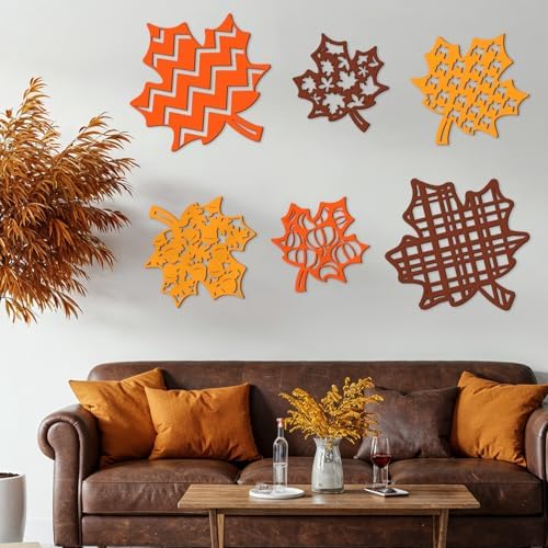 Whaline 6 Pcs Fall Wooden Wall Decor Orange Yellow Brown Hollow Maple Leaf Shaped Wood Wall Art Sign with Hook for Home Farmhouse Thanksgiving Hanging Ornament - Image 7