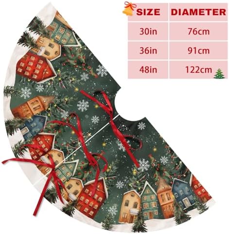 Dark Green Vintage Christmas Tree Skirt Winter 30 Inch Pine Tree Wonderland Forest Village Town House Snowflake Trees Skirts Mat for Xmas Holiday Ornament Rustic Farmhouse Decoration - Image 6