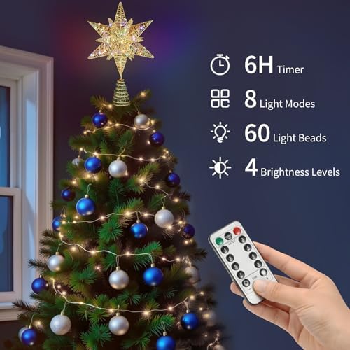 Lewondr Christmas Star Tree Topper, 14.6" Lighted Glitter 3D Star Treetop - Image 2