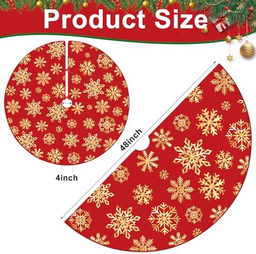 48 Inch Christmas Snowflake Tree Skirt Gold Snowflake Red Christmas Tree Skirt Large Red Round Xmas Trees Mat with Gold Snowflakes for Winter Holiday New Year Party Xmas Trees Home Decor - Image 2