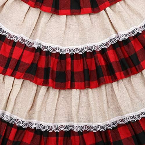 yuboo Burlap Buffalo Plaid Christmas Tree Skirt 48 inches, Red Farmhouse 6-Layer Ruffle Tree Skit with Lace Border for 5-7 FT Trees, Fall Thanksgiving Christmas Decorations - Image 3