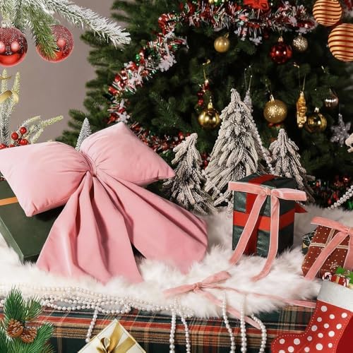 Pink Valentines Day Christmas Tree Decoration Set Include 24 Pcs Velvet Ornaments Bows with Pink Bow Tree Topper, 16.4 FT White Pearl Beads Garland for Valentines Day Garland Wreath Holiday Decor - Image 4
