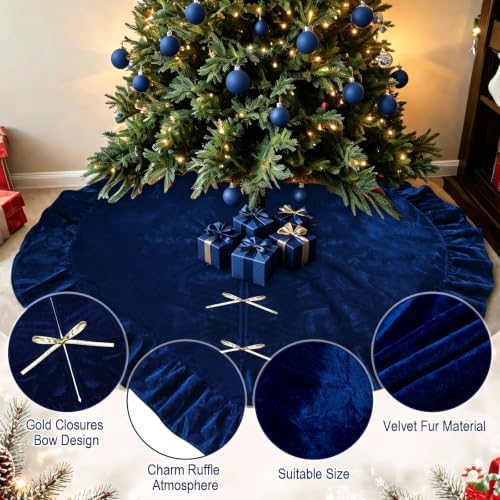 72 Inches Velvet Christmas Tree Skirt Decorations Blue Luxury Xmas Fur Plush Skirts for Merry Christmas Party Rustic Vintage Holiday Home Winter - Image 5