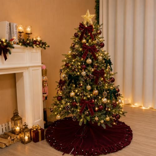 Christmas Tree Skirt, Wine Red Velvet with Ruffled Pearl 60 Inch - Image 3