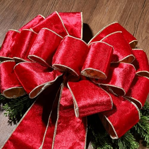 LaRibbons Large Red Velvet Christmas Tree Topper Bow - Image 5