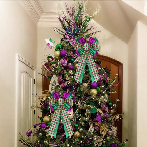 2 Pcs Mardi Gras Bows for Wreaths Decorations,12?€?x20?€? Large Glitter Tree Topper Bow Decor for Holiday Party Wall Home Front Door Float Golf Cart Gold Green Purple - Image 5