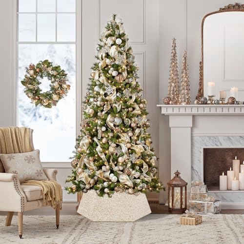 Champagne Gold Tree Collar 31.49 Inch Sequin Foldable Christmas Tree Ring Velvet Tree Skirt Cover for 9ft Xmas Pencil Tree Holiday Decor - Image 2