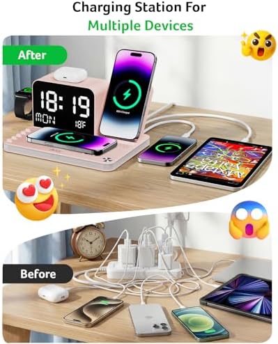 Acer 7-in-1 Wireless Charging Station with LED Clock - 30W Fast Wireless Charger for iPhone 16/15/14/13/12/Pro Max, Apple Watch, AirPods - Bluetooth Auto Time Sync & Night Lights (Pink) - Image 4