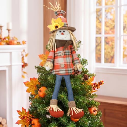 Soulchen 17.7 Inch Thanksgiving Scarecrow Tree Topper Plush Gnome Fall Tree Topper with Sunflower Maple Leaf and Dangle Legs Harvest Autumn Ornament for Home Farmhouse Party Decor by Soulchen