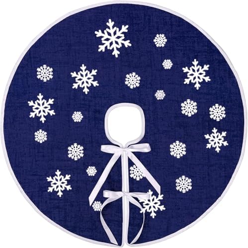 48 Inch Burlap Christmas Tree Skirt with White Snowflakes, Dark Blue by NTNIETING