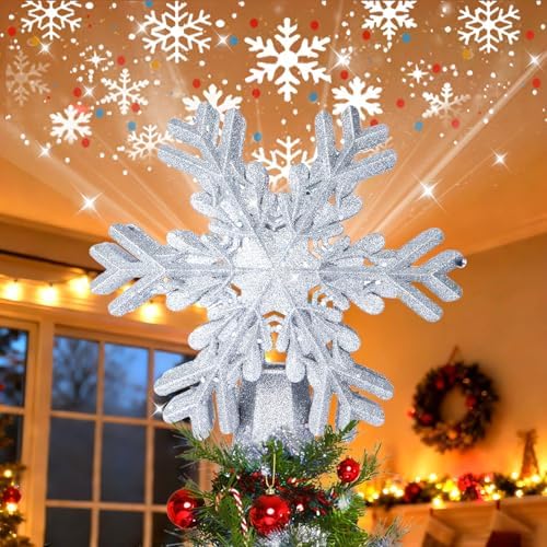 Christmas Tree Topper Lighted with LED Rotating Silver Snowflake Projector, 3D Hollow Glitter Lighted Snow Tree Topper for Xmas New Year Party Holiday Christmas Decorations by Smerk