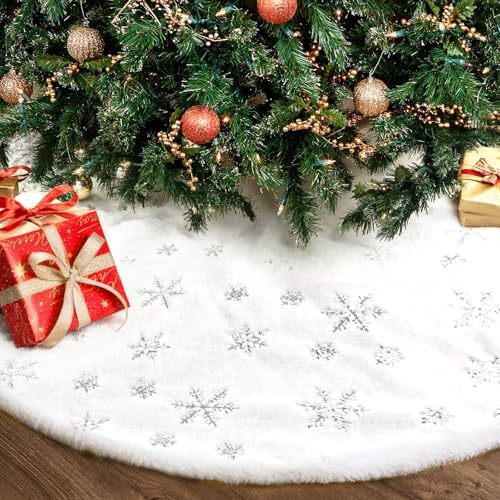 Christmas Tree Skirt 48 Inch, Holiday Part Decorations for Christmas Tree, Whit Plush Sliver Sequin Snowflake Tree Shirt for Xmas by Unknown