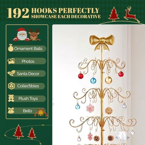 VINGLI 6ft Metal Christmas Ornament Tree Stand w/Bow Topper, 192 Branches, Decorative Iron Display Tree for Hanging Ornaments, Wrought Iron Christmas Tree Decoration for Holiday Home Decor, Gold - Image 4