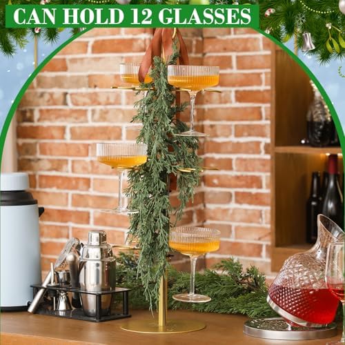 Funnymoom Christmas Cocktail Tree Stand with 3 Green Rattan and Bow, 3 Tier 12 Holders Gold Tree Tower Stand for Drink for Champagne Martini Cup for Xmas Wedding Bridal Showers Party - Image 6