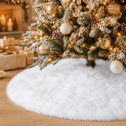 Faux Fur Christmas Tree Skirts, 24 inches Velvet Plush Long Haired Wool Fur Xmas Tree Base Cover Mat for New Year Home Party Decorations (60CM, White Plush) - Image 2