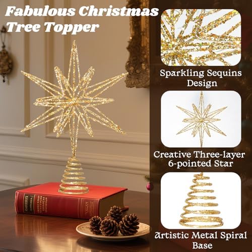 Lewondr Christmas Tree Topper, 14" Lighted 3D Geometric Star Treetop, Gold - Image 5