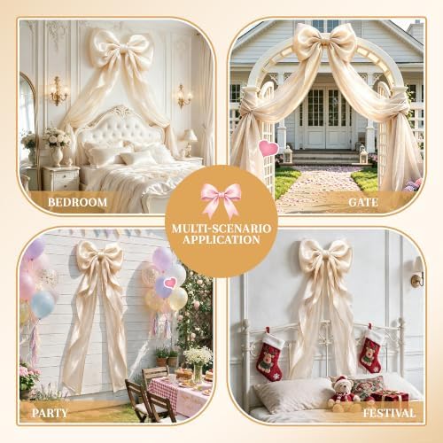 Big Satin Bow Coquette Room Decor, 16x79 Inch Large Christmas Bows for Birthday Decorations, Christmas Tree Topper, Girl Room Decor, Bachelorette, Wedding, Baby Shower, Front Door, Wreath (Beige) - Image 6