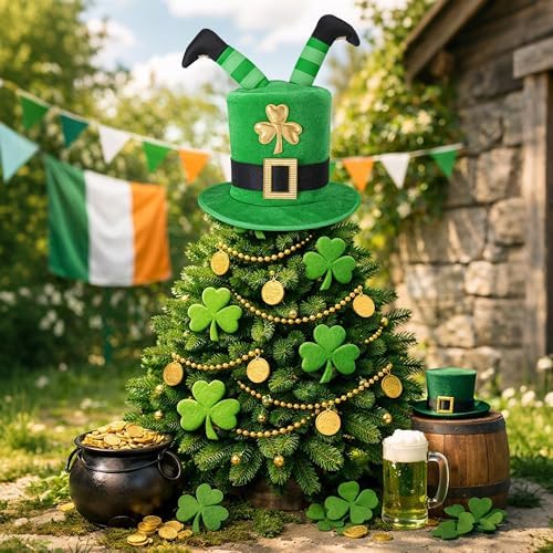 codree St. Patrick's Day Tree Topper Hat, Irish Green Shamrock Elf Legs Top Hat Decoration, St. Patrick Clover Velvet Hat Tree Topper for Holiday Home Party Decor Fancy Dress Costume - Image 4