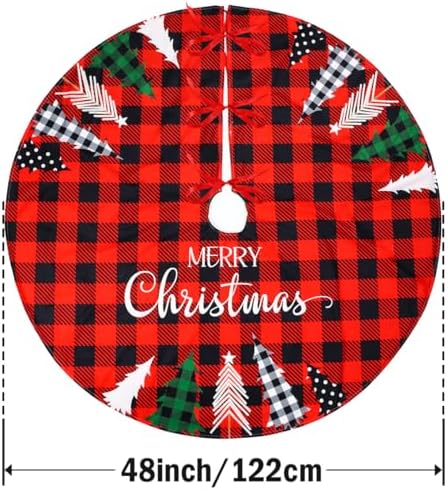 Multiwins Christmas Tree Skirt 48 Inch Red Rustic Xmas Tree Skirt with Christmas Tree, Black Red Buffalo Plaid Christmas Tree Skirt Ornaments for Merry Christmas Holiday Party Decorations Indoor - Image 6