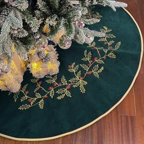 Green Christmas Tree Skirt Velvet 36 inch，Embroidered Vintage Dark Green Tree Skirt, Elegant Fur Plush Xmas Tree Skirts for Merry Christmas Party Xmas Tree Decorations by Scritism
