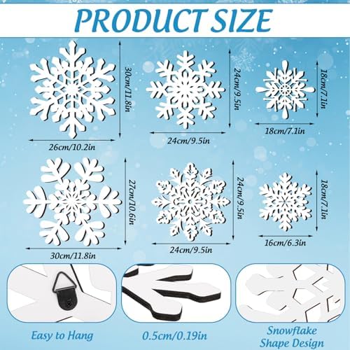 Whaline 6 Pcs Christmas Snowflake Wooden Wall Decor White Snowflake Shaped Wood Wall Art Sign with Hook for Home Farmhouse Xmas Winter Hanging Ornament - Image 2