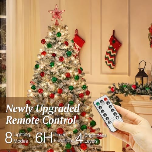 Lewondr Lighted Christmas Star Tree Topper with Remote & Timer, Red - Image 3