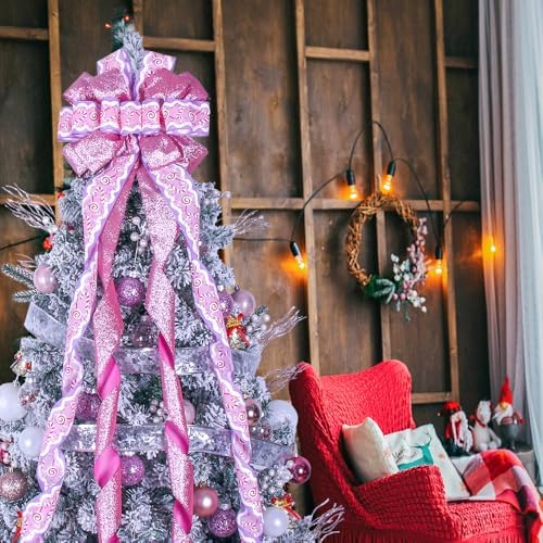 Christmas Tree Topper Wreath Bow Large Pink Christmas Bow Tree Topper 52"x13" Pink Cane Glitter Satin Ribbon Patterned Gift Bows for Xmas Holiday Home Wedding Thanksgiving Indoor/Outdoor Decoration - Image 5