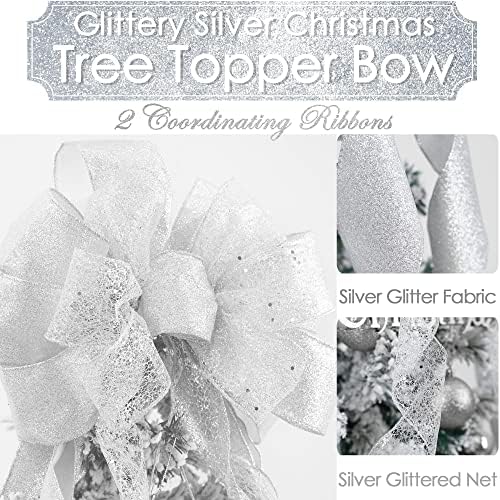 MEEDEE Silver Christmas Tree Topper Silver Glitter Christmas Bows 12" Wide Snowflake Ribbon Bow Silver Christmas Bows Silver Tree Topper Silver Bows for Christmas Tree (1 Pack) - Image 2
