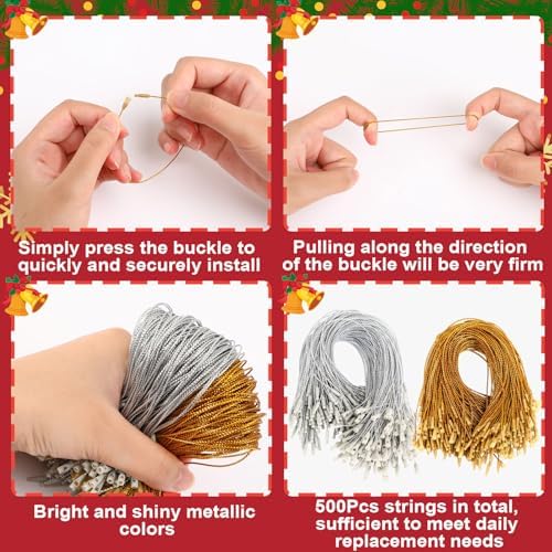 FEBSNOW 500Pcs Christmas Ornament Hooks, Snap Locking String for Tree Decor - Image 3