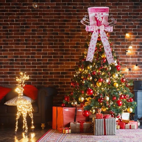 Christmas Tree Topper, Christmas Tree Topper Hat, Pink Boots Tree Topper Christmas Decorations with Bow Ribbon Christmas Tree Ornaments for Holiday Family Xmas D??cor - Image 5