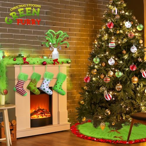 Hollowfly Red and Green Christmas Tree Skirt Furry Plush Lime Green Christmas Tree Skirts Whimsical Xmas Decorations Holiday Glittering Dot Mat Faux Round Carpet for Home Xmas Party Decor(36 Inch) - Image 3