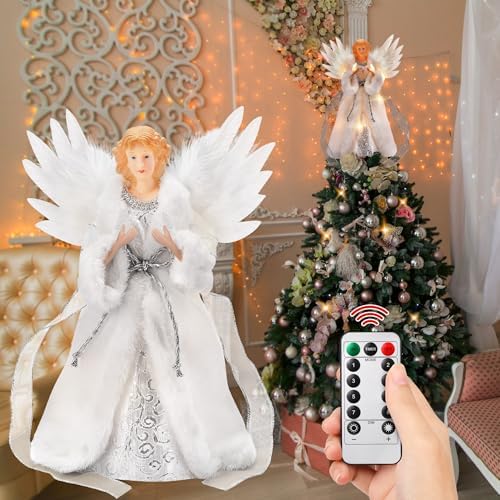 PEEKI Christmas Tree Topper, 12" Angel Treetop with Lights and Remote Control Timer, Christmas Tree Decoration for Holiday Ornament and Home Decor, White by PEEKI