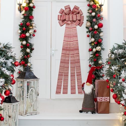 WRAPAHOLIC Large Christmas Tree Topper Bow - 13 x 52 Inch Burlap Striped Christmas Tree Topper Ribbon Bow Wreath Bows with Wired Edge for Xmas Ornament Indoor Outdoor Decoration - Image 5