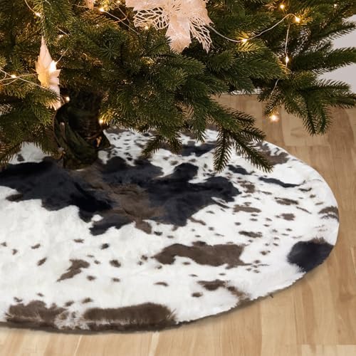 Christmas Tree Skirt 30 inch Cows Print Tree Skirts White and Black Faux Fur for Holiday Party Decoration by Amidaky