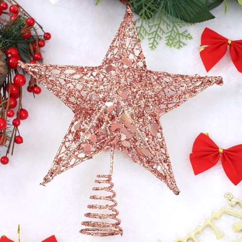 URATOT Glittered Christmas Tree Topper Metal Christmas Treetop Hallow Wire Star Topper for Christmas Home Decoration (8 inches, Rose Gold) - Image 4