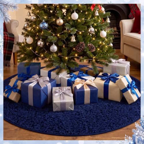 Skylety 48'' Christmas Tree Skirt Rug Embossing Xmas Tree Skirt, Navy - Image 5