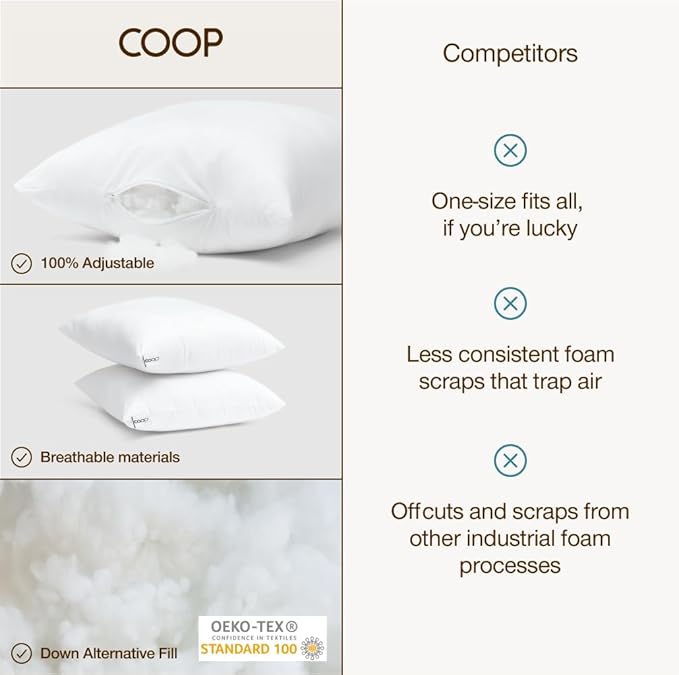 Coop Home Goods Essence Adjustable Throw Pillow Inserts 18x18, Set of 2, Adjustable Down Alternative Cushions for Couch, Bed, or Chair, Decorative Square Pillows for Living Room, Oeko-Tex Certified